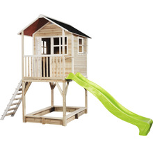 Dřevěný domeček na hraní se skluzavkou a pískovištěm