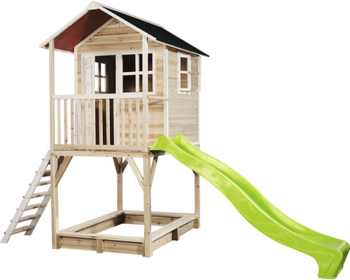 Dřevěný domeček na hraní se skluzavkou a pískovištěm