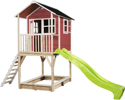 Dřevěný domeček na hraní se skluzavkou a pískovištěm