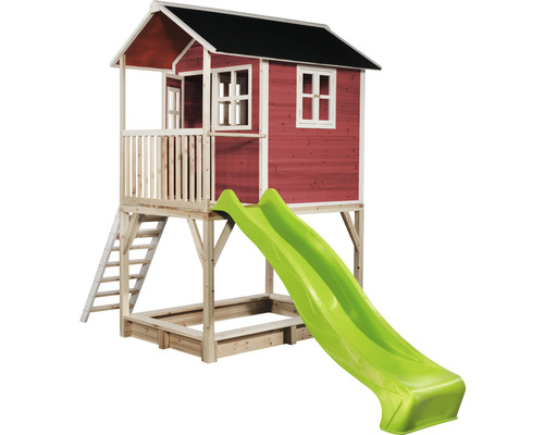 Dřevěný domeček na hraní se skluzavkou a pískovištěm