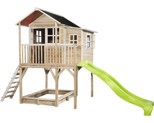 Dřevěný hrací domek se skluzavkou a pískovištěm