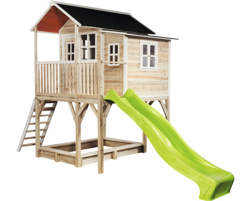 Dřevěný herní domek se skluzavkou a pískovištěm