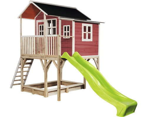 Dřevěný domeček na hraní se skluzavkou a pískovištěm