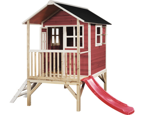 Dřevěný domeček na hraní se skluzavkou a žebříkem do zahrady