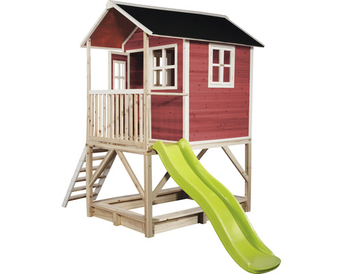 Dřevěný domeček na hraní se skluzavkou, žebříkem a pískovištěm