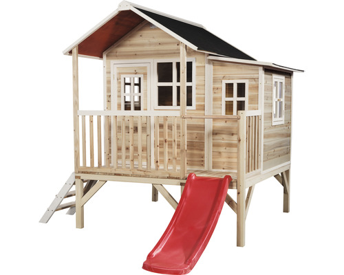 Dřevěný domeček na hraní se skluzavkou a žebříkem