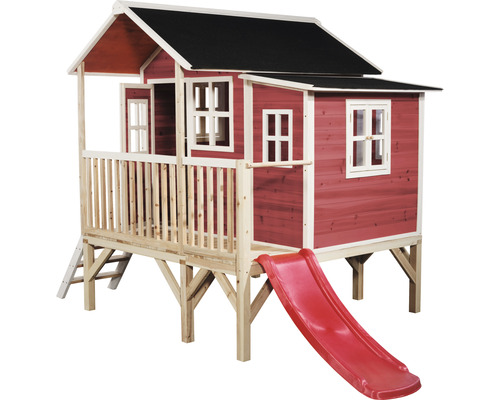 Dřevěný domeček na hraní se skluzavkou a žebříkem
