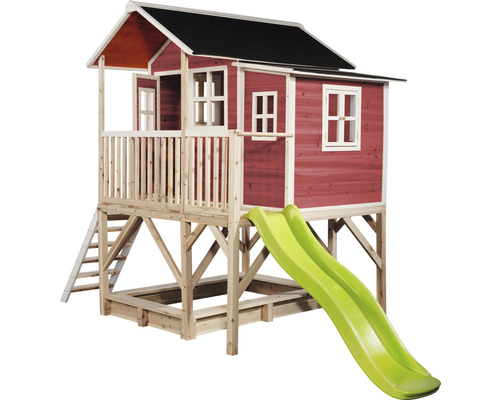 Dřevěný domeček na hraní se skluzavkou a pískovištěm
