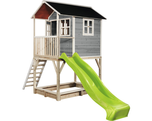 Dřevěný domeček na hraní se skluzavkou a pískovištěm