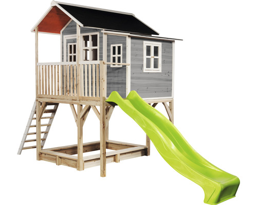 Dětský domek se skluzavkou, pískovištěm a žebříkem ze dřeva