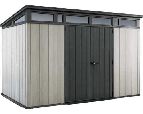 Plastový zahradní domek s dvoukřídlými dveřmi a okny