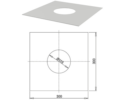 Čtvercový plechový kryt s otvorem a rozměry