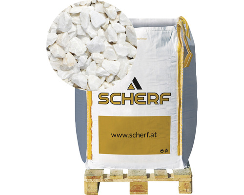 Kamenná drť mramorová 8–12 mm matná bílá big bag 1000 kg Logo společnosti Scherf, pytel s okrasným štěrkem na paletě