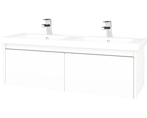 Koupelnová skříňka s umyvadlem Bono 121x39 cm bílá umyvadlo Harmonia 204242 Bílá skříňka pod umyvadlo s dvojitým umyvadlem a vodovodními bateriemi