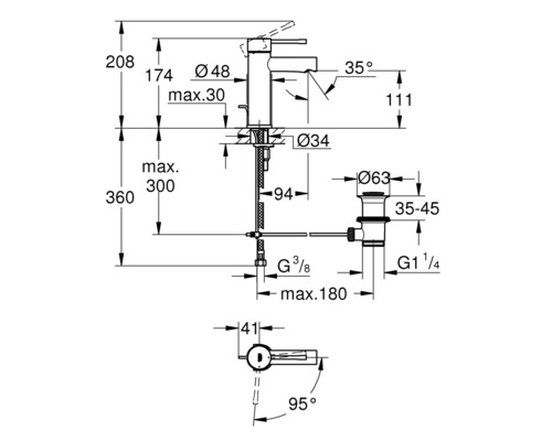 Technický nákres vodovodní baterie s rozměry