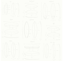 Nákresy různých typů surfových prken: Fish, Shortboard, Longboard, Hybrid, Gunboard, Egg, Malibu, Funboard, Soft Top