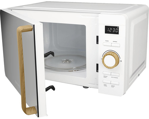 Otevřená mikrovlnná trouba s otočným talířem a ovládacími prvky