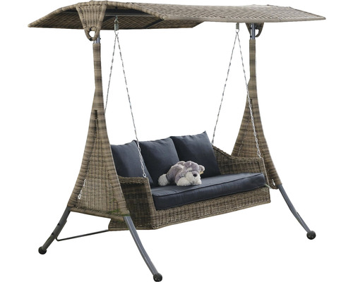 Zahradní houpačka se stříškou, vzhled ratanu a šedé polštáře