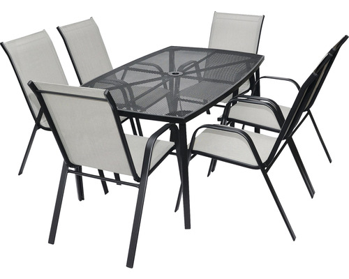 Zahradní stůl se šesti židlemi z kovu a textilu