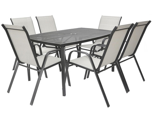 Zahradní stůl se šesti židlemi z kovu a textilu