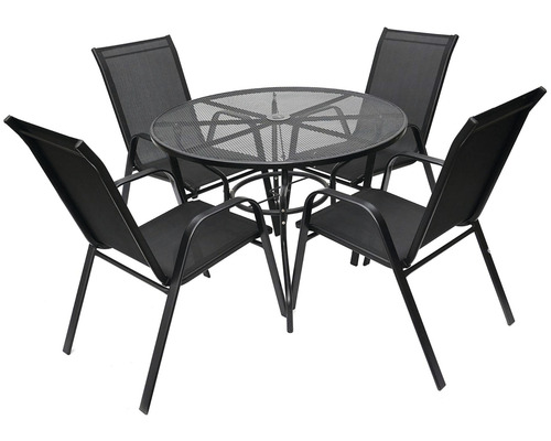 Zahradní stolová sestava se čtyřmi židlemi a kulatým stolem s mřížkovou strukturou