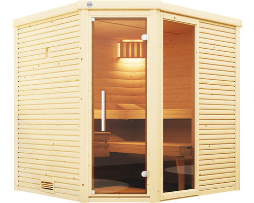 Dřevěná sauna se skleněnými dveřmi a lavicemi