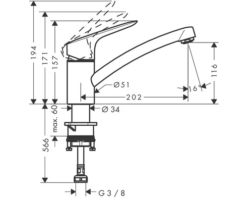 Technický výkres vodovodní baterie s rozměry
