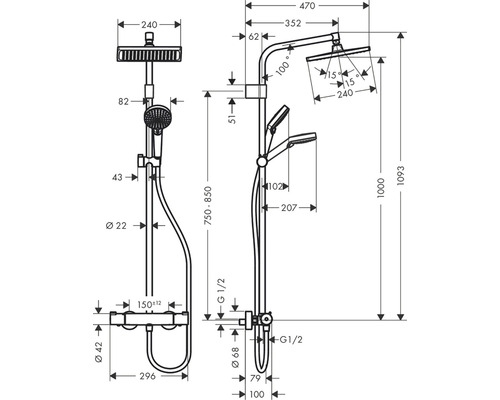 Technický výkres sprchové armatury s rozměry
