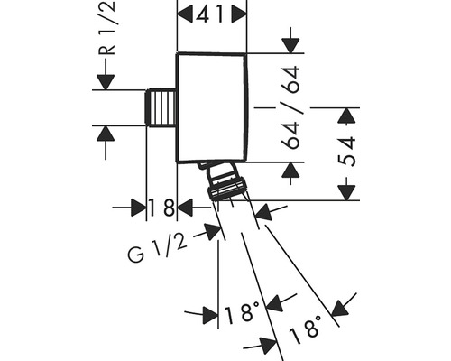 Technický nákres rohového ventilu s rozměry
