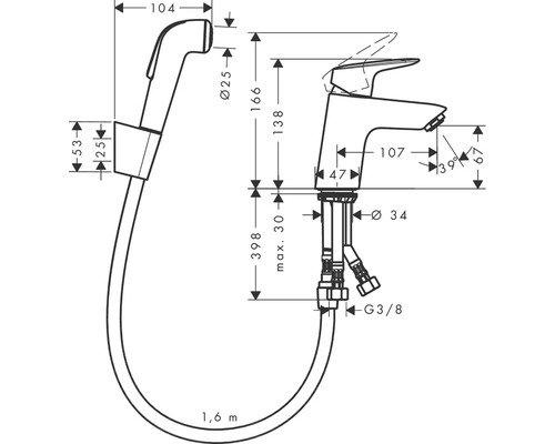 Rozměrový nákres vodovodní baterie s bidetovou sprškou