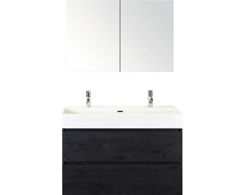 Umyvadlová skříňka se dvěma umyvadly, spodní skříňka se dvěma zásuvkami a zrcadlová skříňka