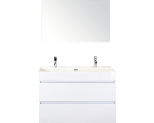 Koupelnový nábytkový set Maxx XL 100 cm s keramickým umyvadlem 2 otvory na kohouty a zrcadlem bílá vysoce lesklá