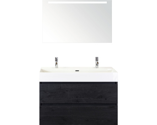 Koupelnový nábytkový set Sanox Maxx XL barva čela black oak ŠxVxH 101 x 183 x 45,5 cm s keramickým dvojitým umyvadlem a zrcadlem s LED osvětlením