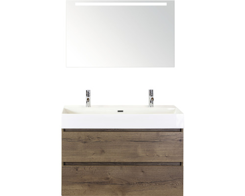 Koupelnový nábytkový set Maxx XL 100 cm s keramickým umyvadlem 2 otvory na kohouty a zrcadlem s LED osvětlením Tabacco