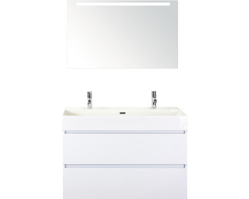 Koupelnový nábytkový set Maxx XL 100 cm s keramickým umyvadlem 2 otvory na kohouty a zrcadlem s LED osvětlením bílá vysoce lesklá