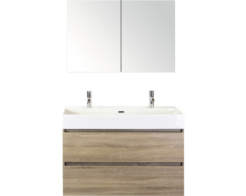 Koupelnový nábytkový set Maxx XL 100 cm s keramickým umyvadlem 2 otvory na kohouty a zrcadlovou skříňkou dub šedý