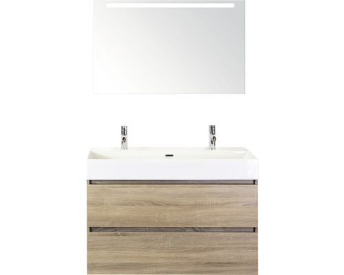 Koupelnový nábytkový set Maxx XL 100 cm s keramickým umyvadlem 2 otvory na kohouty a zrcadlem s LED osvětlením dub šedý
