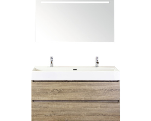 Koupelnový nábytkový set Maxx XL 120 cm s keramickým umyvadlem 2 otvory na kohouty a zrcadlem s LED osvětlením dub šedý