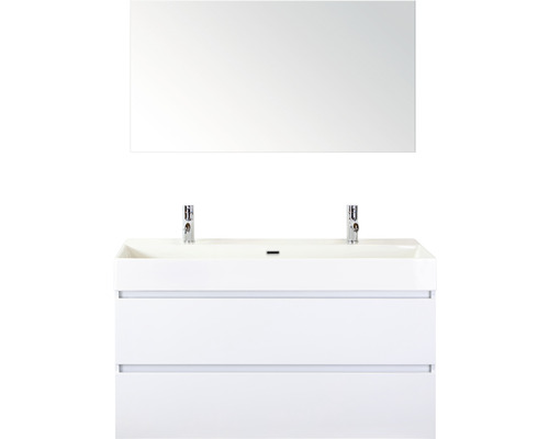 Koupelnový nábytkový set Maxx XL 120 cm s keramickým umyvadlem 2 otvory na kohouty a zrcadlem bílá vysoce lesklá