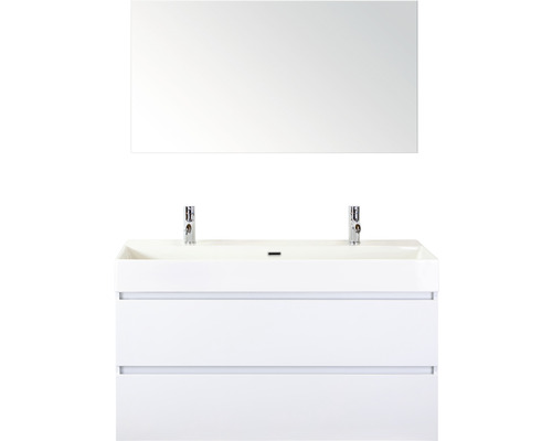 Koupelnový nábytkový set Maxx XL 120 cm s keramickým umyvadlem 2 otvory na kohouty a zrcadlem bílá vysoce lesklá Koupelnový nábytkový set Maxx XL 120 cm s keramickým umyvadlem 2 otvory na kohouty a zrcadlem bílá vysoce lesklá