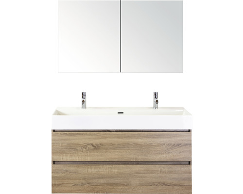 Koupelnový nábytkový set Maxx XL 120 cm s keramickým umyvadlem 2 otvory na kohouty a zrcadlovou skříňkou dub šedý