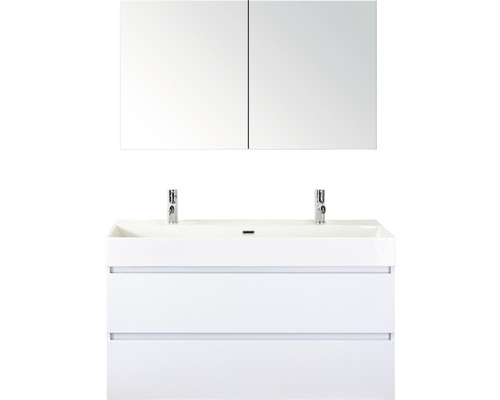 Koupelnový nábytkový set Maxx XL 120 cm s keramickým umyvadlem 2 otvory na kohouty a zrcadlovou skříňkou bílá vysoce lesklá