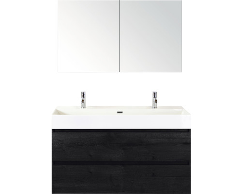 Koupelnový nábytkový set Sanox Maxx XL barva čela black oak ŠxVxH 121 x 170 x 45,5 cm s keramickým dvojitým umyvadlem a zrcadlovou skříňkou Koupelnový nábytkový set Sanox Maxx XL barva čela black oak ŠxVxH 121 x 170 x 45,5 cm s keramickým dvojitým umyvadlem a zrcadlovou skříňkou
