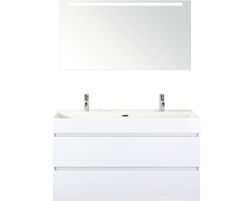 Koupelnový nábytkový set Maxx XL 120 cm s keramickým umyvadlem 2 otvory na kohouty a zrcadlem s LED osvětlením bílá vysoce lesklá