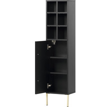 Černá vysoká skříň s otevřenými policemi a dveřmi na zlatých nohou.