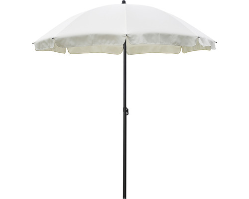 Otevřený kulatý slunečník s látkovým stínidlem a černým stojanem