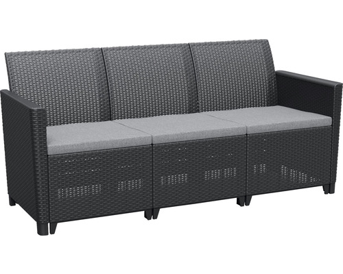 Zahradní pohovka umělý ratan třímístná Allibert CLAIRE 3 SEATERS SOFA grafitová Zahradní pohovka z polyratanu se šedými polštáři pro venkovní použití