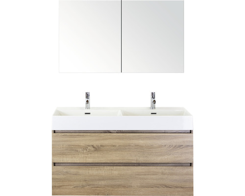 Koupelnový nábytkový set Maxx XL 120 cm s keramickým dvojitým umyvadlem Model 2 a zrcadlovou skříňkou dub šedý