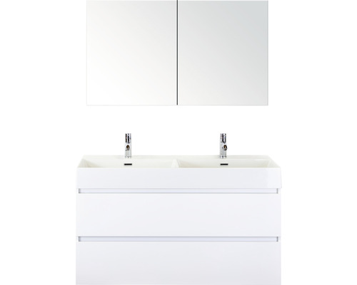 Koupelnový nábytkový set Maxx XL 120 cm s keramickým dvojitým umyvadlem Model 2 a zrcadlovou skříňkou bílá vysoce lesklá