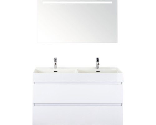 Koupelnový nábytkový set Maxx XL 120 cm s keramickým dvojitým umyvadlem Model 2 a zrcadlem s LED osvětlením bílá vysoce lesklá